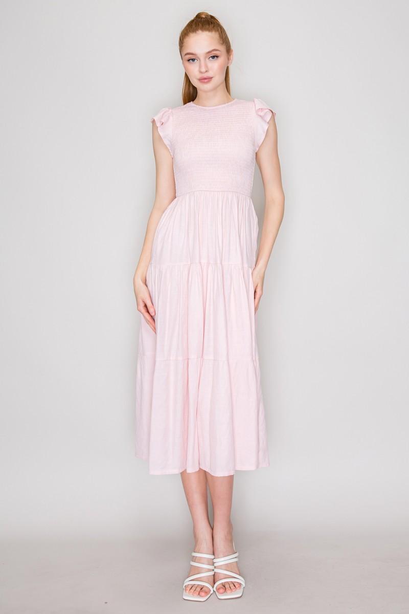 Smocking Bodice Tiered Ruffle Sleeve Dress