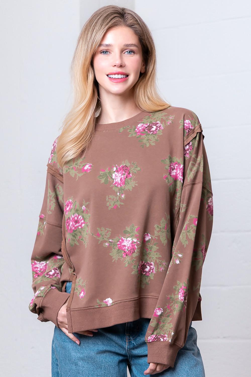Chestnut Boat Neck Flower Printed Sweatshirt