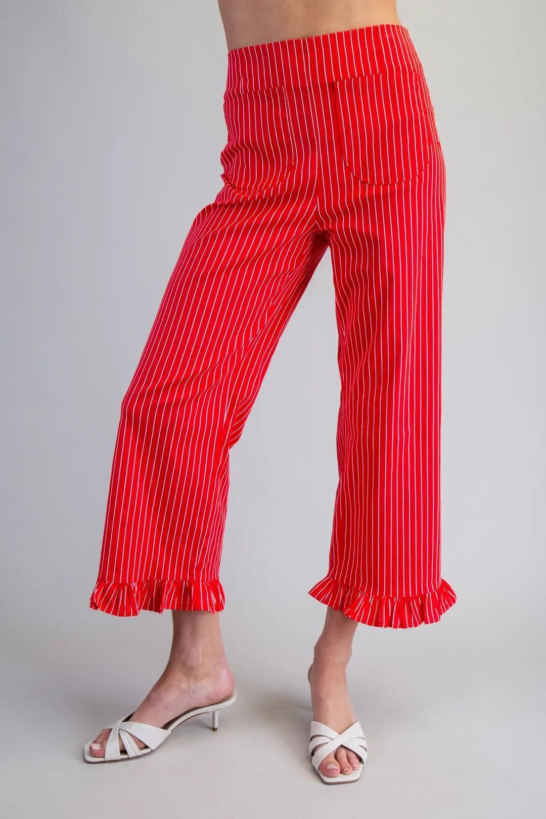 Cherry Red Straight Leg Striped Ruffled Pants