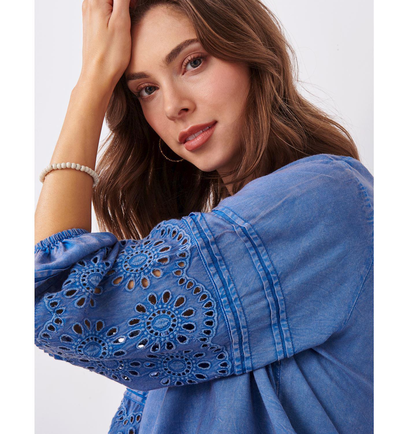 Embroidered Tencel Button Up Shirt in Blue