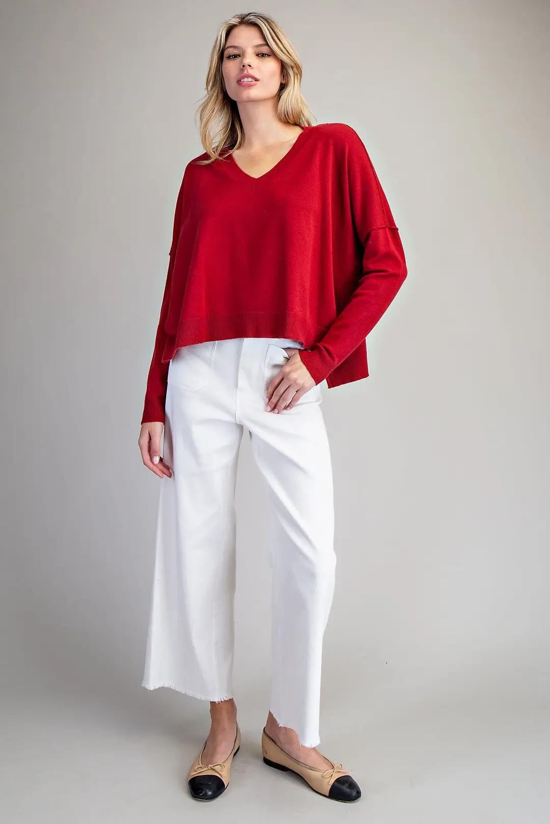 Red Solid V-Neck Long Sleeve Sweater