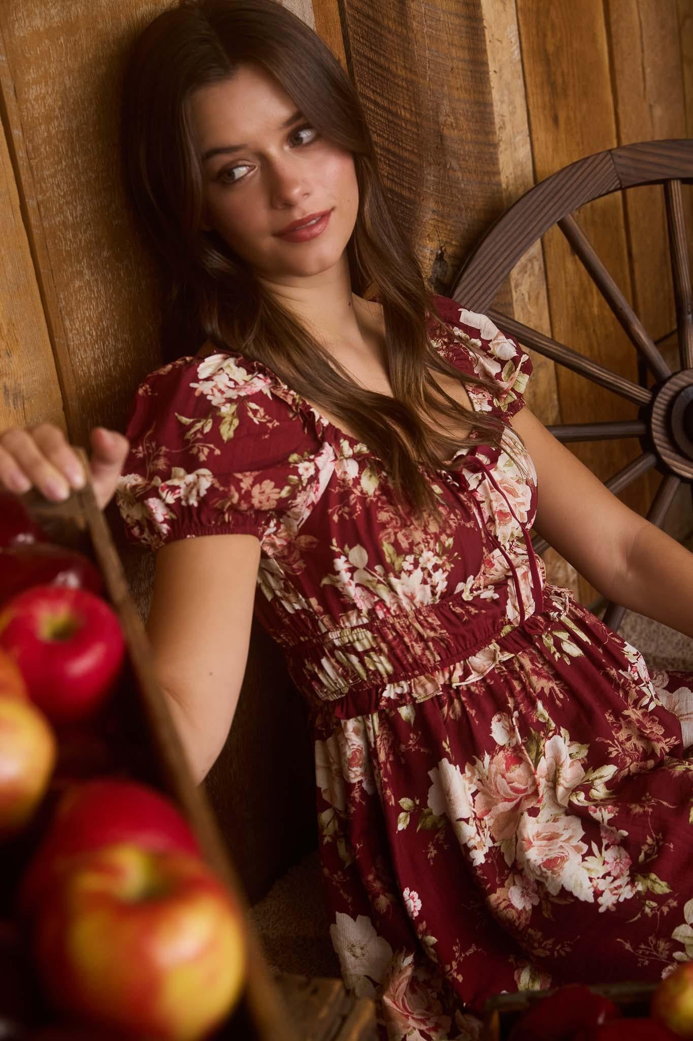 Burgendy Floral Ruffle Trim Velvet Mini Dress