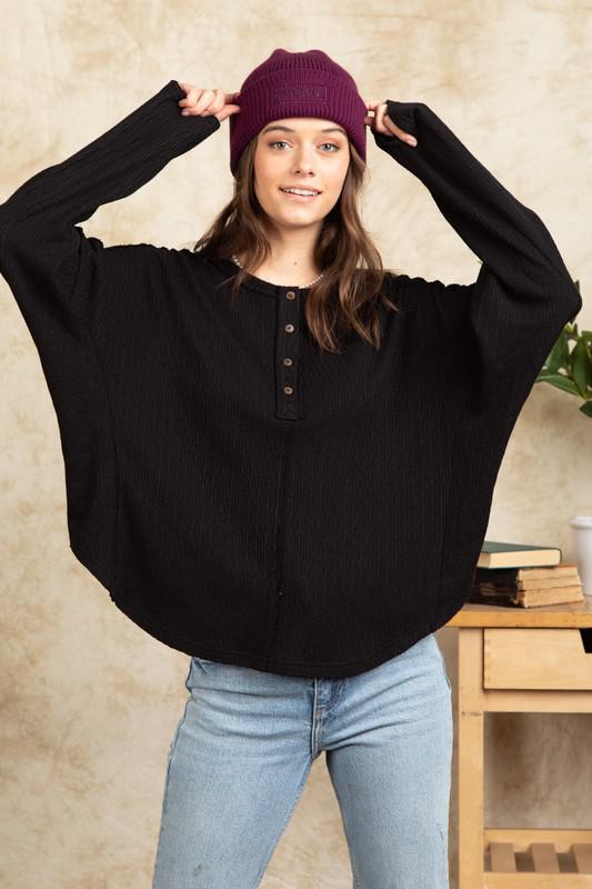 Black Button Waffle Top