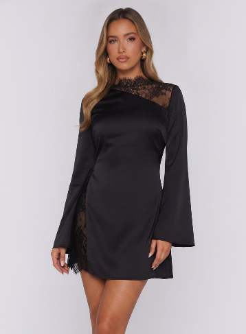 Black Long Sleeve Lace Cut Out Detail Satin Mini Dress