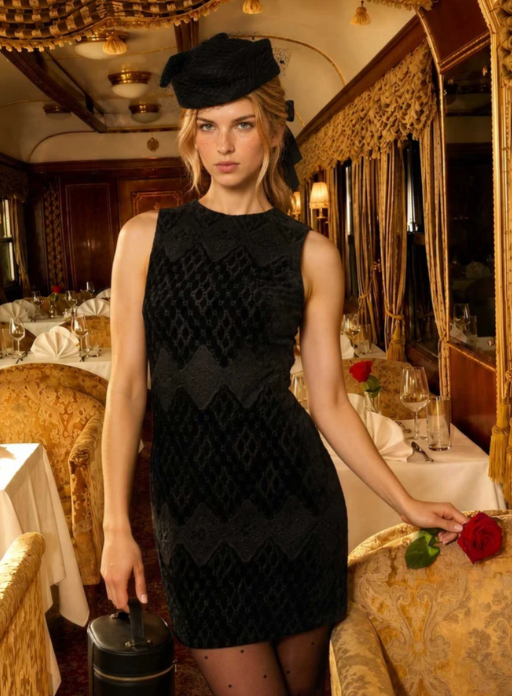 BLACK VELVET LACE PATTERN SLEEVELESS MINI DRESS
