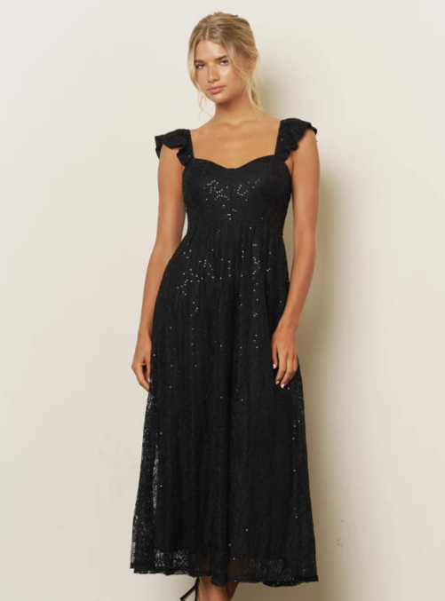BLACK SEQUIN SWEETHEART RUFFLE STRAP CORSET MIDI DRESS
