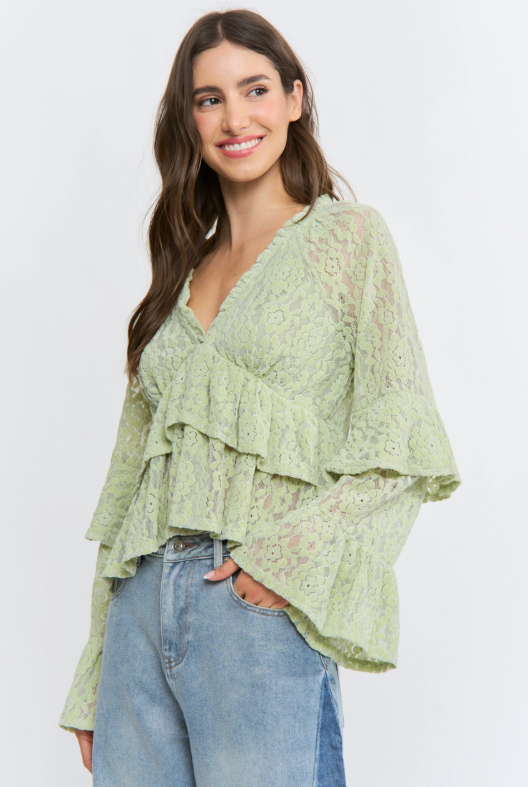 Sage Long Sleeve Lace Ruffle Blouse
