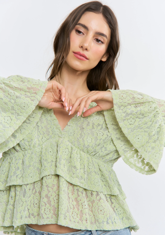 Sage Long Sleeve Lace Ruffle Blouse