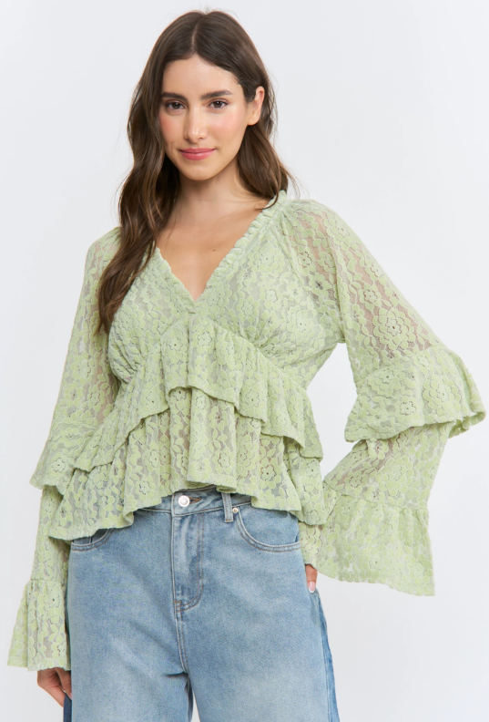 Sage Long Sleeve Lace Ruffle Blouse