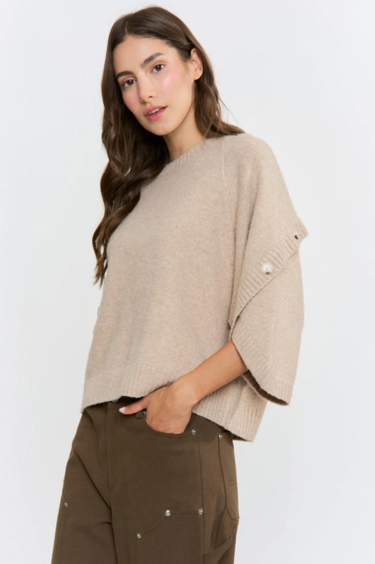 Taupe Button Sleeve Knit Pullover