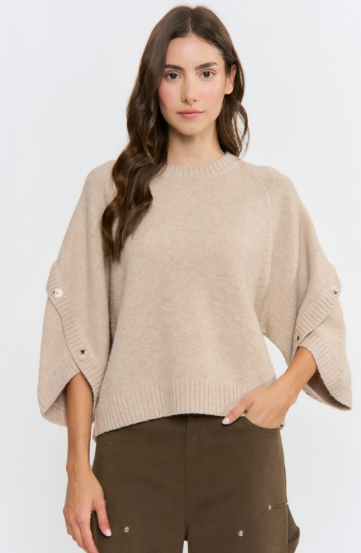 Taupe Button Sleeve Knit Pullover