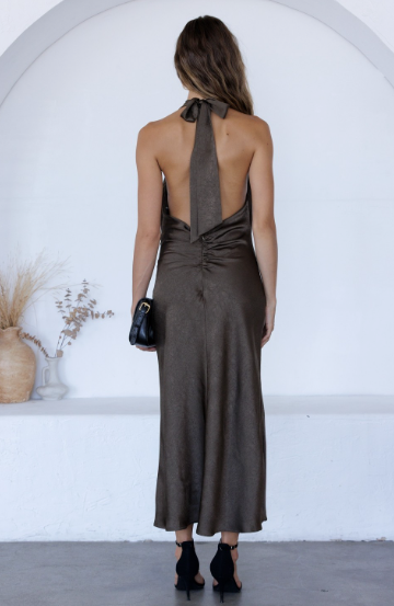 Dark Olive Satin Halter Midi Dress