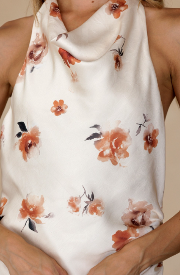 Cream Floral Satin Halter Mini Dress