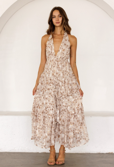 Ivory Floral Halter Tiered Maxi Dress
