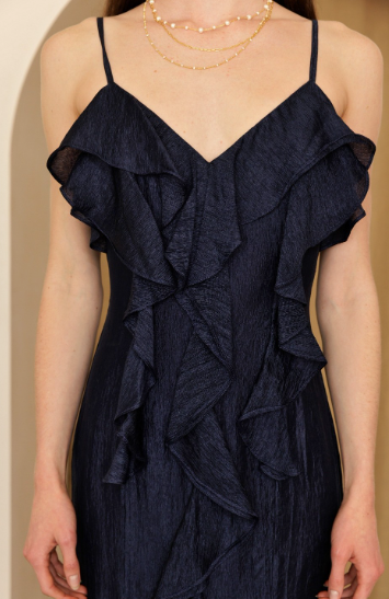 Navy Cascade Ruffle Maxi Dress