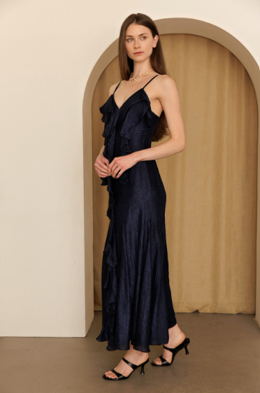 Navy Cascade Ruffle Maxi Dress