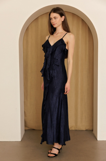 Navy Cascade Ruffle Maxi Dress