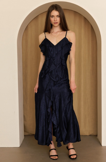 Navy Cascade Ruffle Maxi Dress