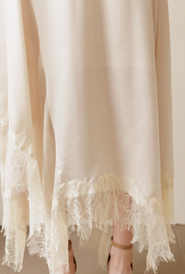 Champagne Satin Lace Trim Midi Skirt