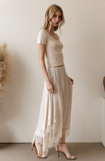 Champagne Satin Lace Trim Midi Skirt