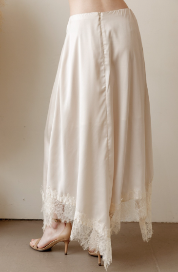 Champagne Satin Lace Trim Midi Skirt