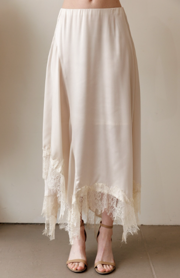 Champagne Satin Lace Trim Midi Skirt