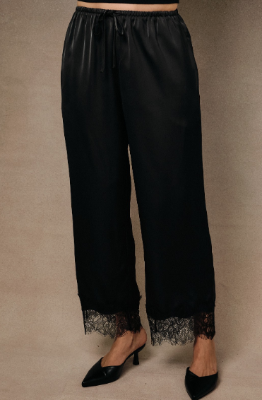Black Satin Lace Applique Hem Wide Pants