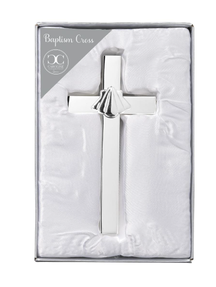 4.7"H BAPTISM CROSS SILVER WITH SHELL CAROLINE COLLECTION