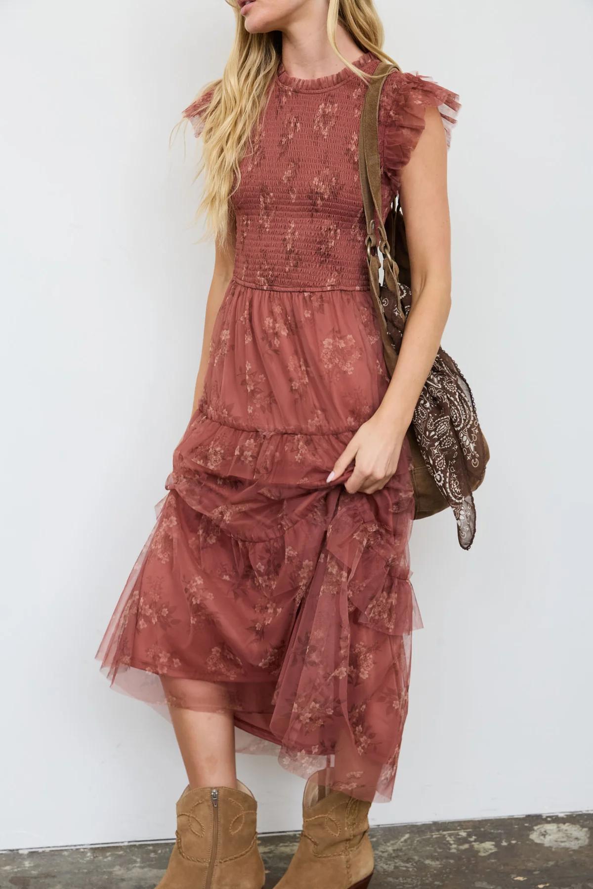TERRACOTTA SMOCKED RUFFLE TIERED FLORAL MIDI DRESS