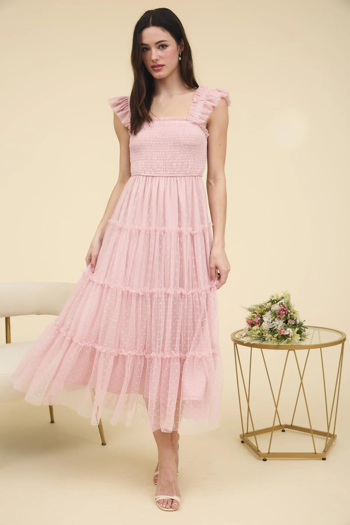 Polka Dot Chiffon Tiered Midi Dress L Pink Polka Dot Chiffon Tiered Midi Dress L Pink