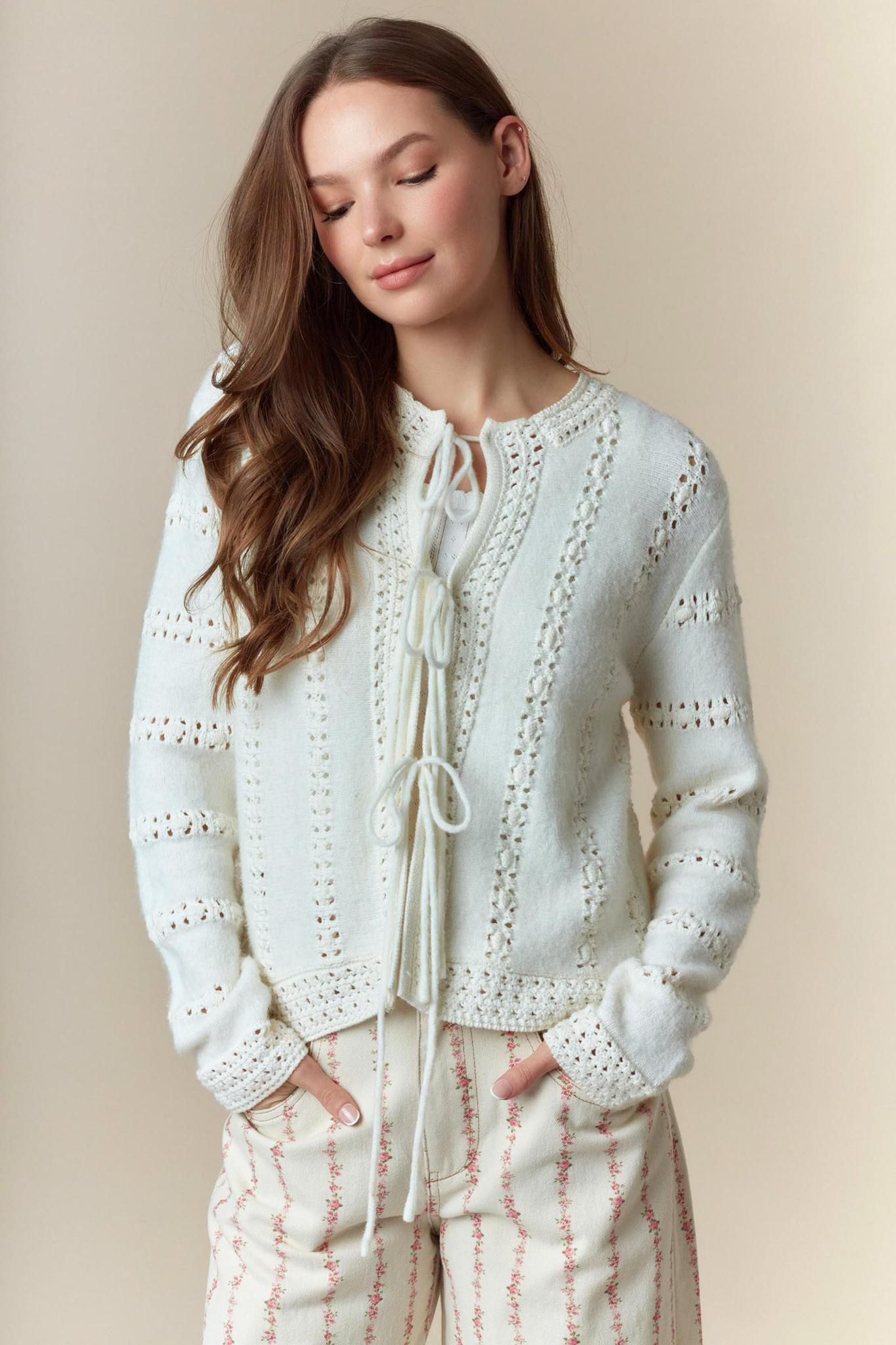 3 Bow Tie Strap Sweater Cardigan - Ivory