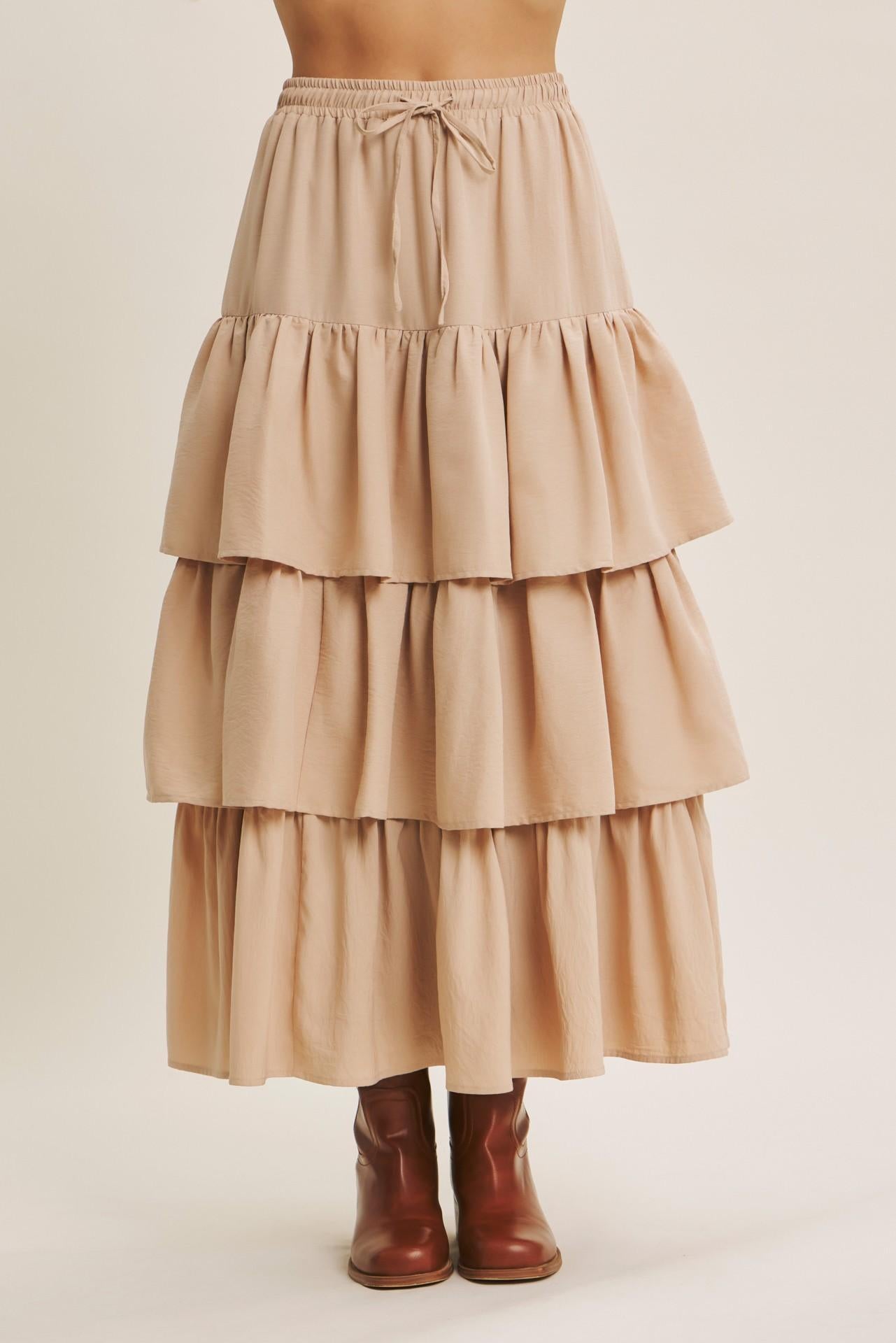 Airy Tiered Ruffle Maxi Skirt With Pockets - Natural