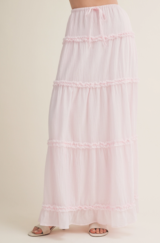 Water Lily Pink Gathered Ruffle Tier Maxi Skirt