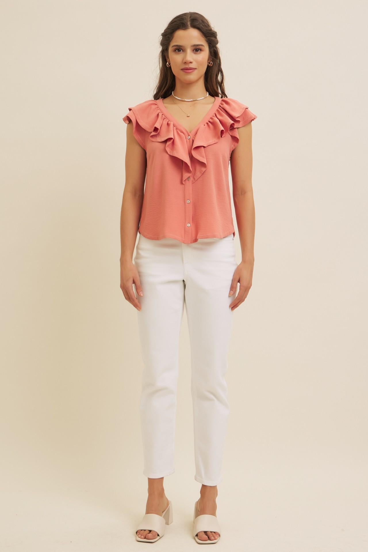 Terracotta Button-down Ruffle Blouse