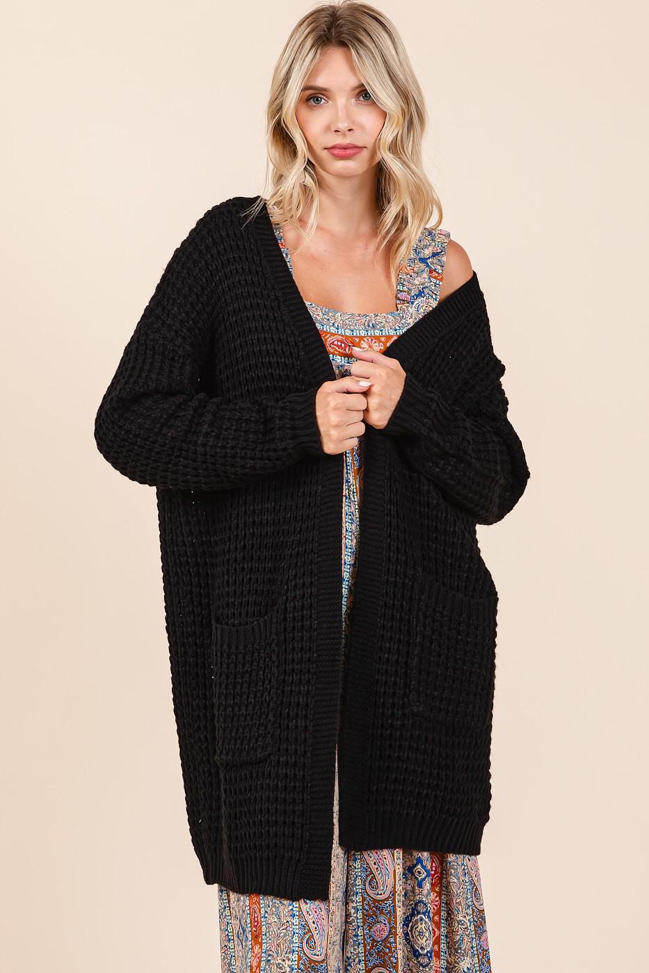 Black Chunky Waffle Knit Midi Cardigan