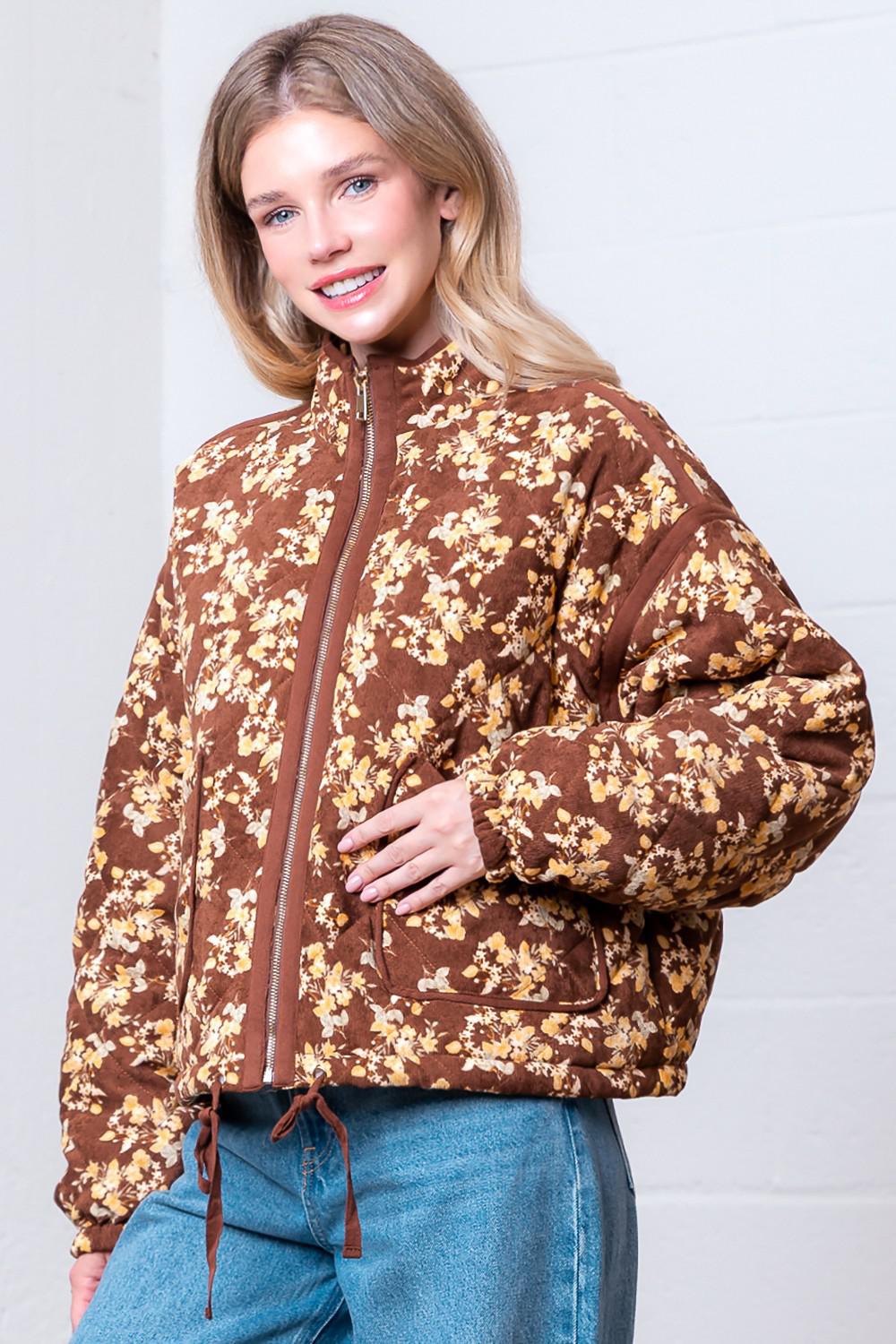 High-Neck Printed Corduroy Quilting Jacket