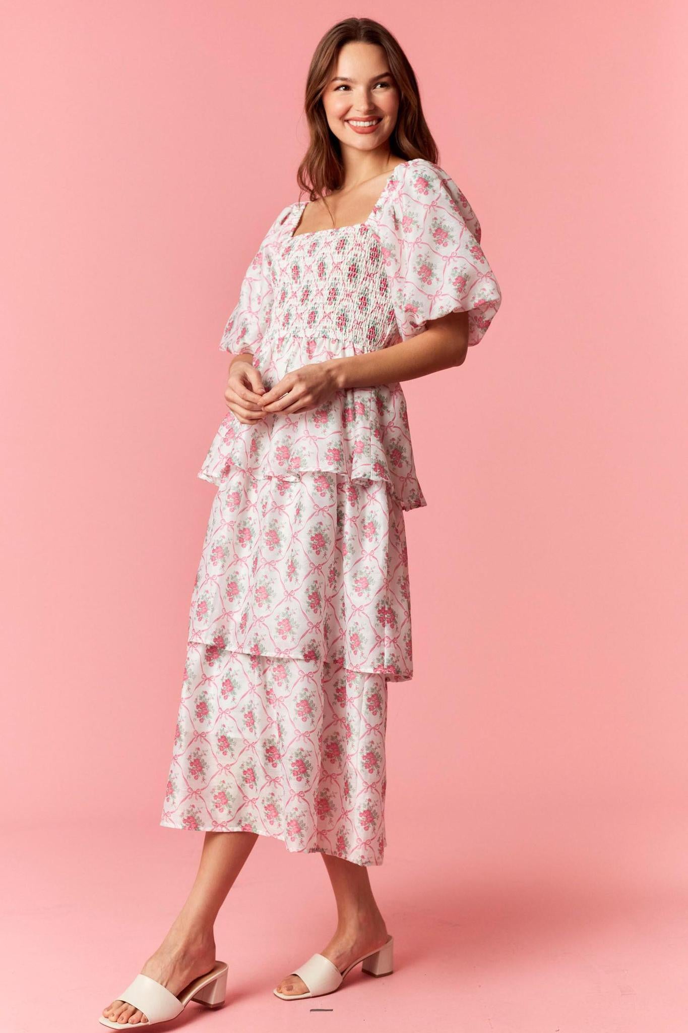 Floral Print Bubble Sleeve Tiered Midi Dress