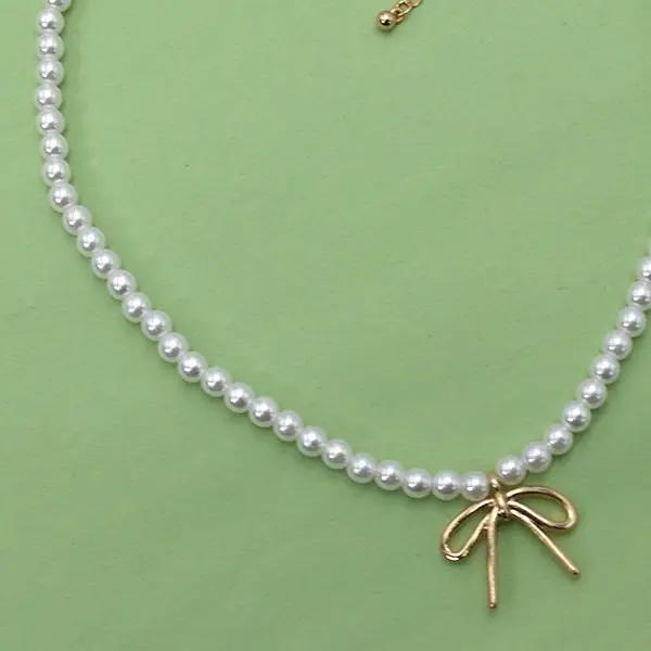 Pearl Chain Bow Charm Necklace