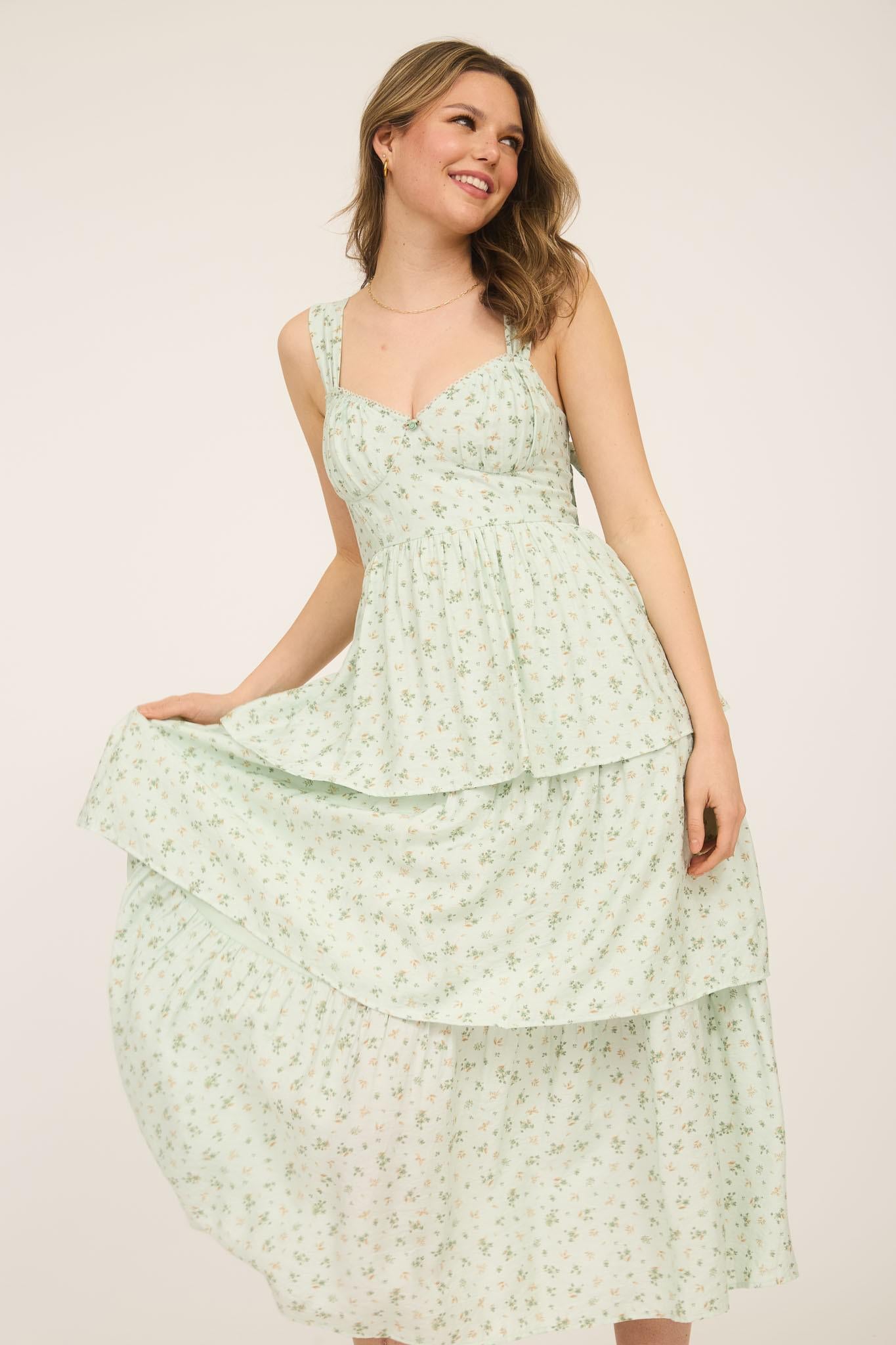 Sage Multi Floral Corset Tiered Midi Dress