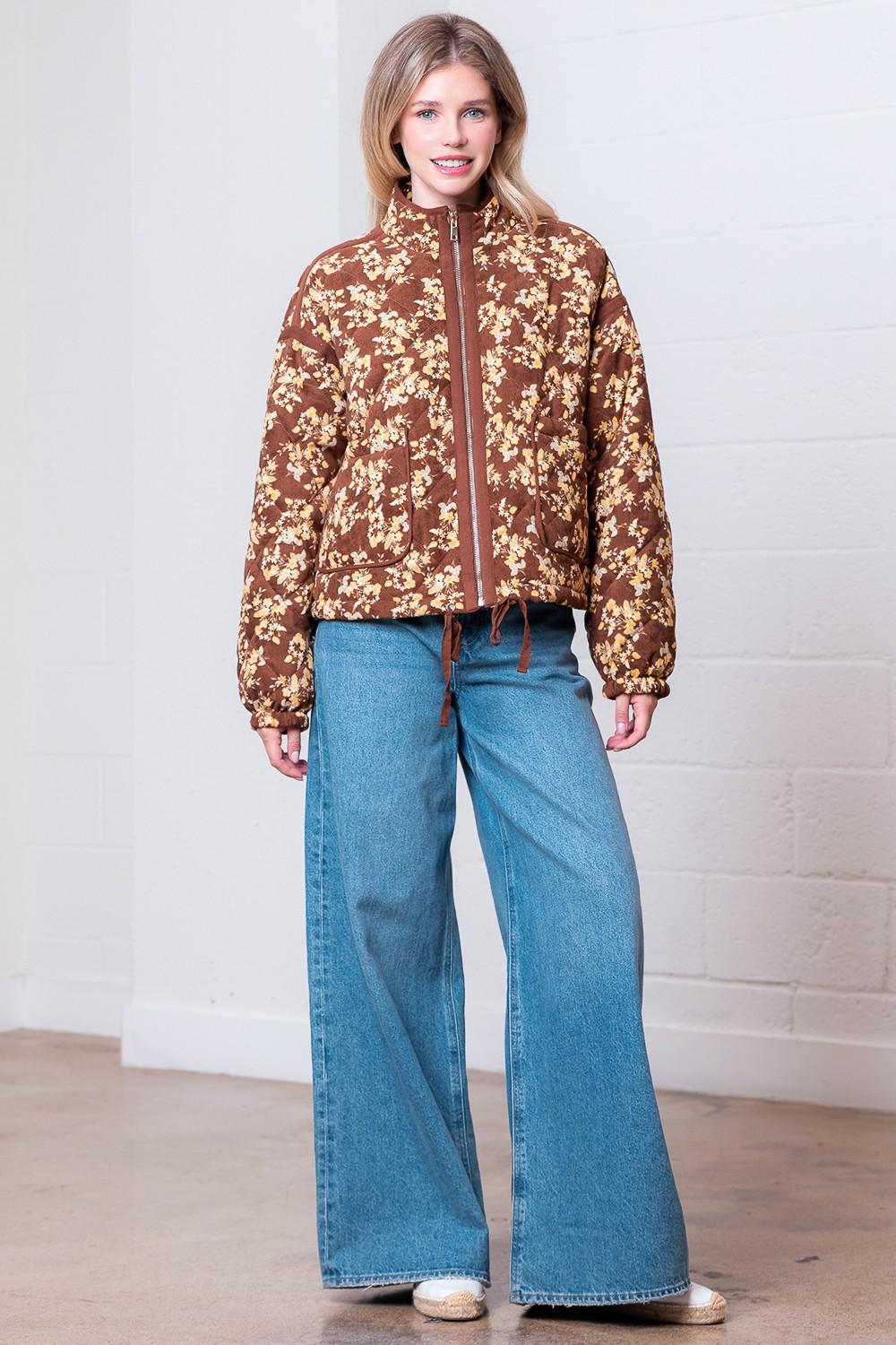 High-Neck Printed Corduroy Quilting Jacket