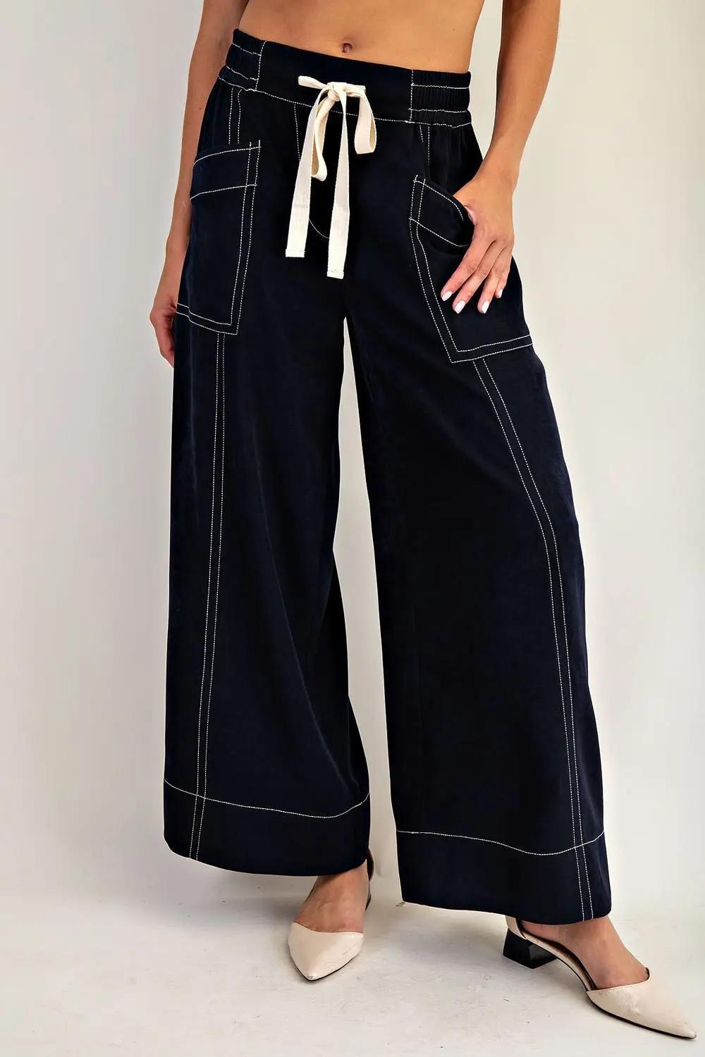 Soft Washed Contrast Stitch Wide Leg Pants
