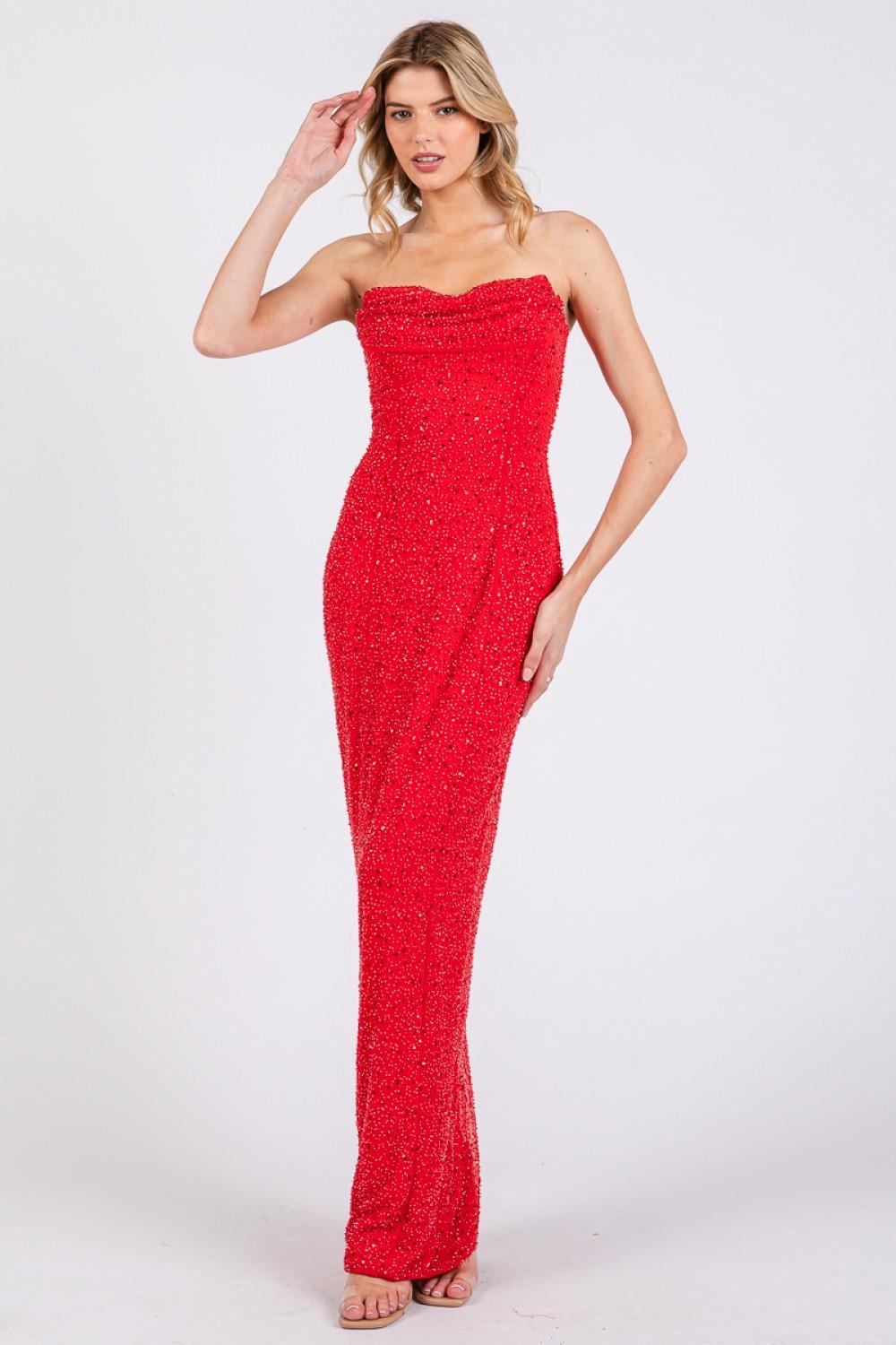 Red Mesh Pearl Bandeau Cowl Maxi Dress