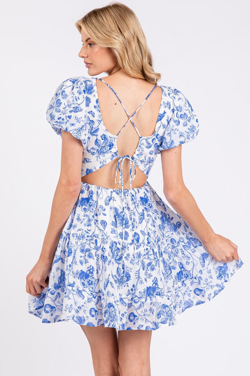 Blue Flower Print Crinkle Gauze Puff Dress