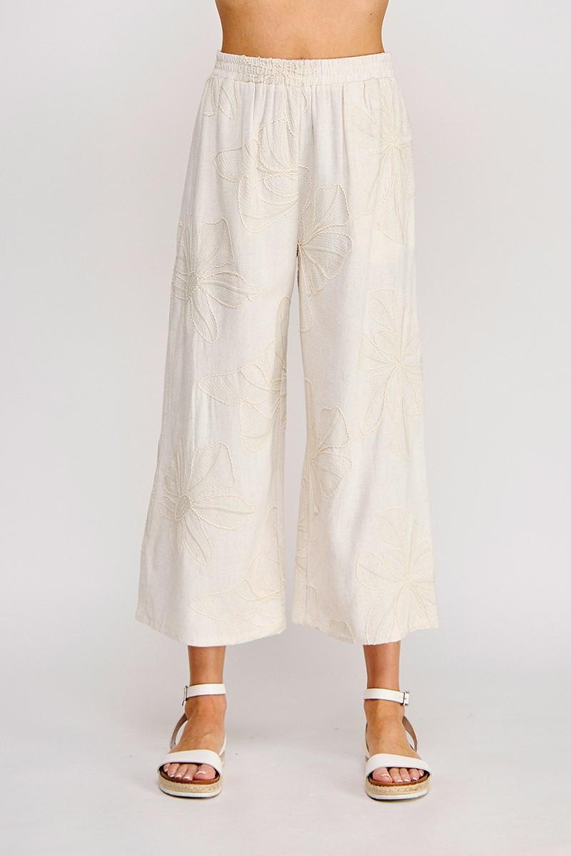 Floral Embroidered Soft Linen Cropped Pant
