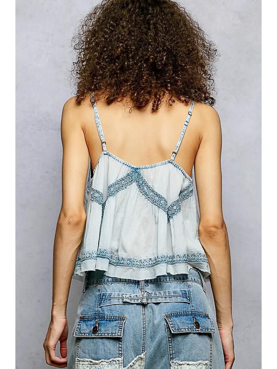 V-Neck Sleeveless Washing Effect Embroidered Woven Top