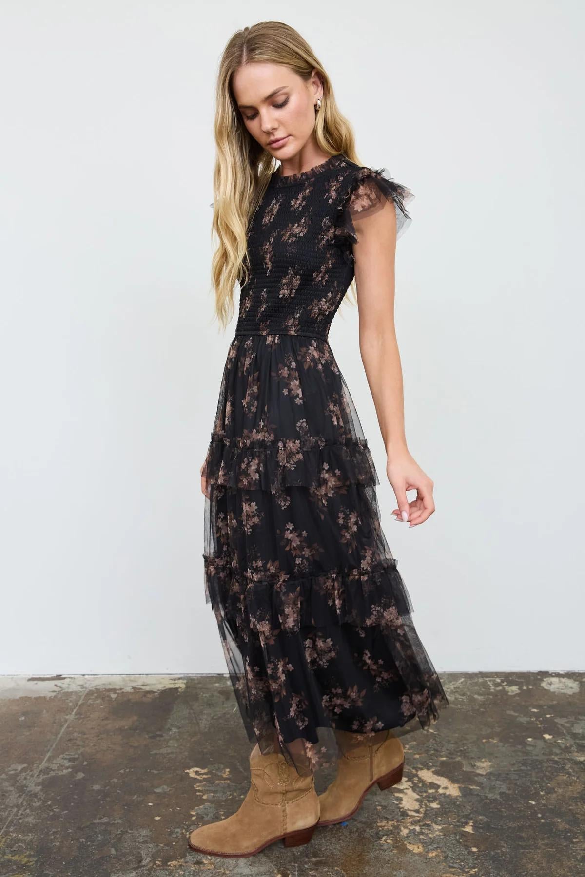 BLACK MULTI SMOCKED RUFFLE TIERED FLORAL MIDI DRESS