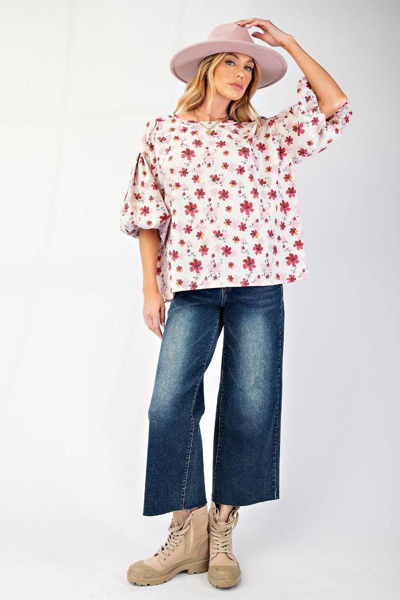 Lilac Floral Bubble Sleeve Blouse
