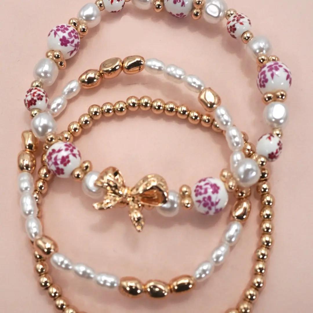 Pink Ceramic Porcelain Bow Multi-Layer Bracelet