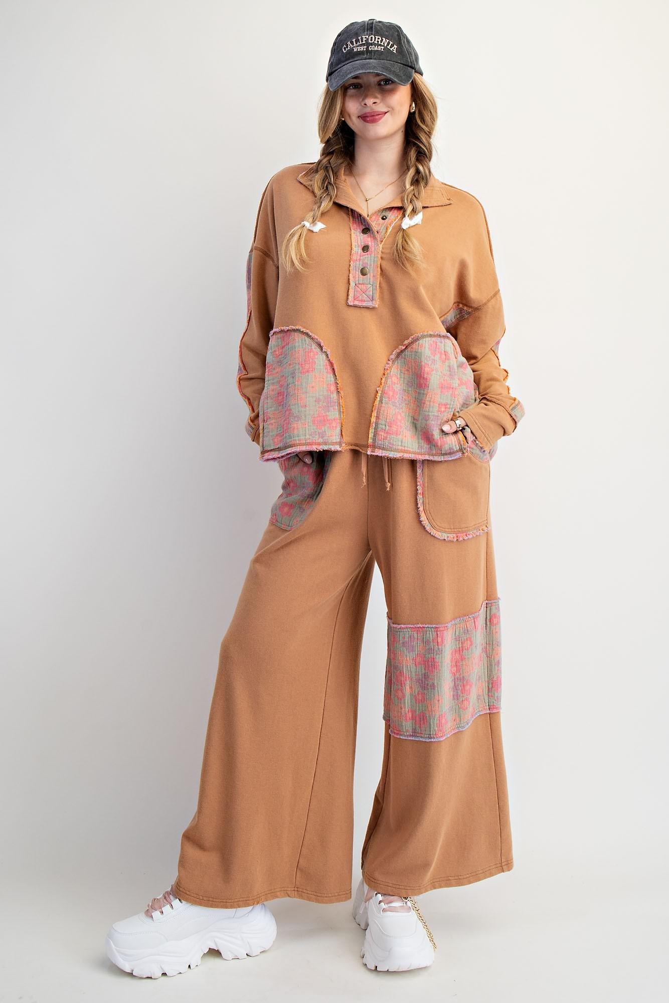 Floral Camel Mock Neck Washed Terry Pullover