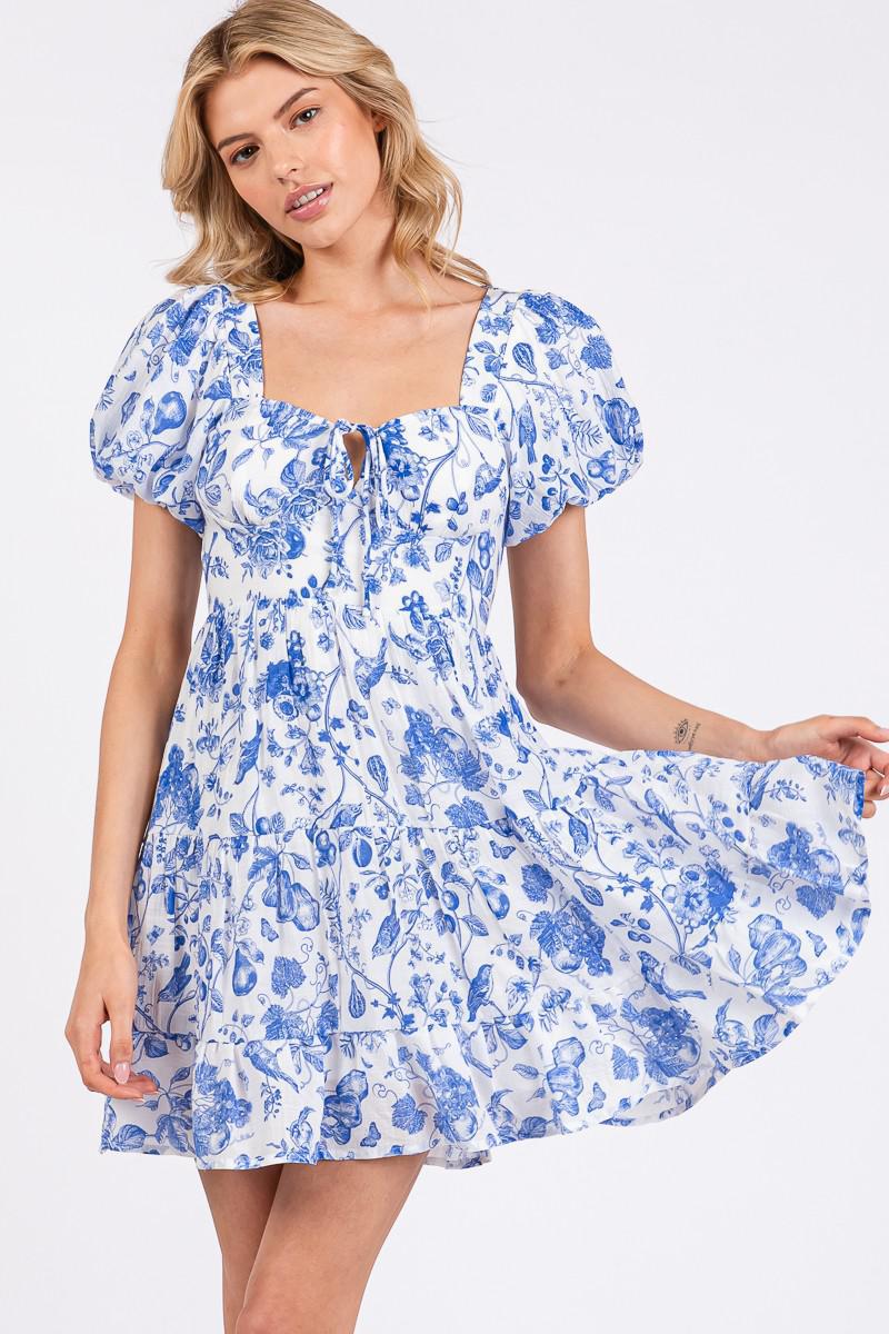 Blue Flower Print Crinkle Gauze Puff Dress